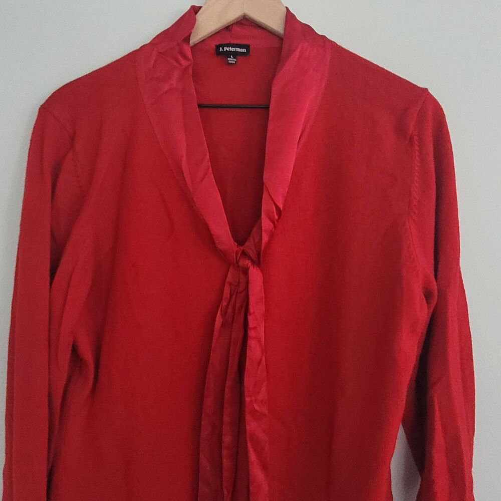J Peterman Sweater Red Satin Trim Wool Blend Womens Size Large Christmas